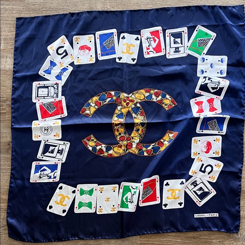 Chanel Navy Silk Scarf with Playing Cards Design